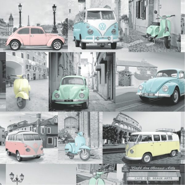Vw Volkswagen Collage Wallpaper – Pastel – 102563 Muriva