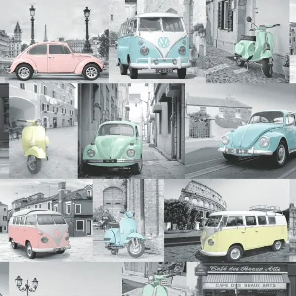 Vw Volkswagen Collage Wallpaper – Pastel – 102563 Muriva
