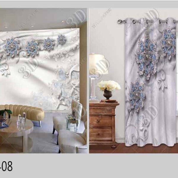 3D Curtains Silver Blue Design