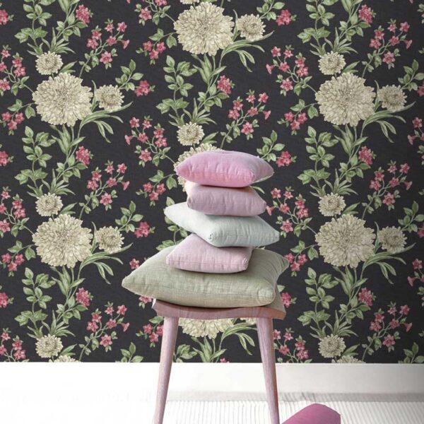 Bordeaux Floral Motif Metallic Wallpaper – 208504