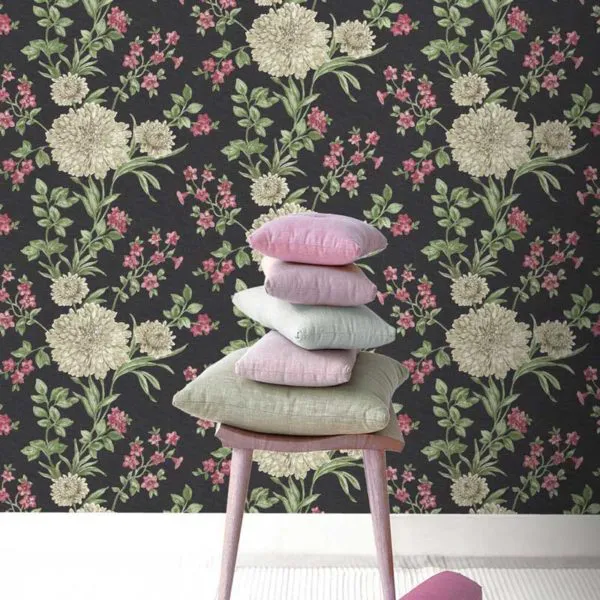 Bordeaux Floral Motif Metallic Wallpaper – 208504